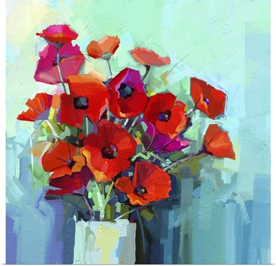 Still Life Of Red And Pink Color Flower, Colorful Bouquet Of Poppy Flowers In Vase
