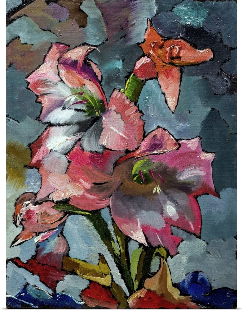 Originally an oil painting of still life with orange and pink irises. Flowers in shade of black gray and blue on canvas wi...