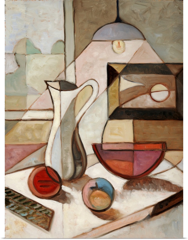 Abstract oil painting of still life with pitcher and fruits.