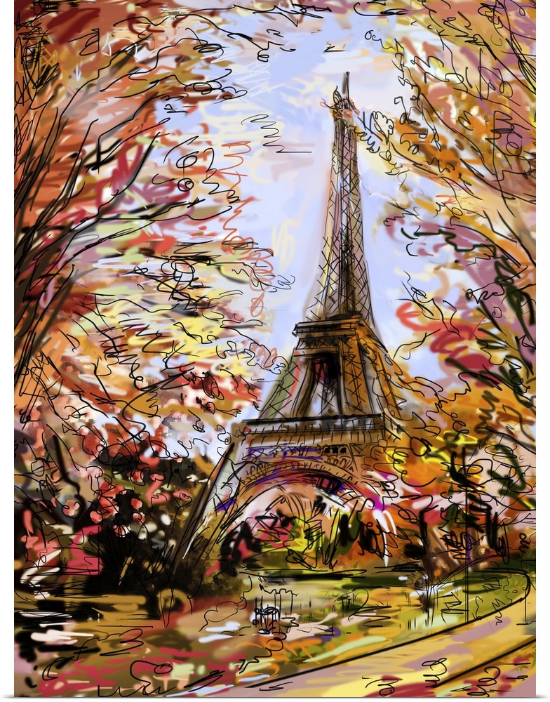Street in autumn Paris. Eiffel tower, originally a sketch illustration.