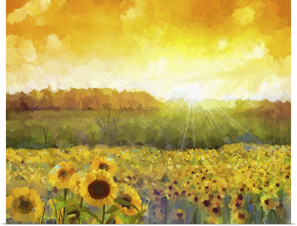 Sunflower flower blossom. Originally an oil painting of a rural sunset landscape with a golden sunflower field. Warm light...