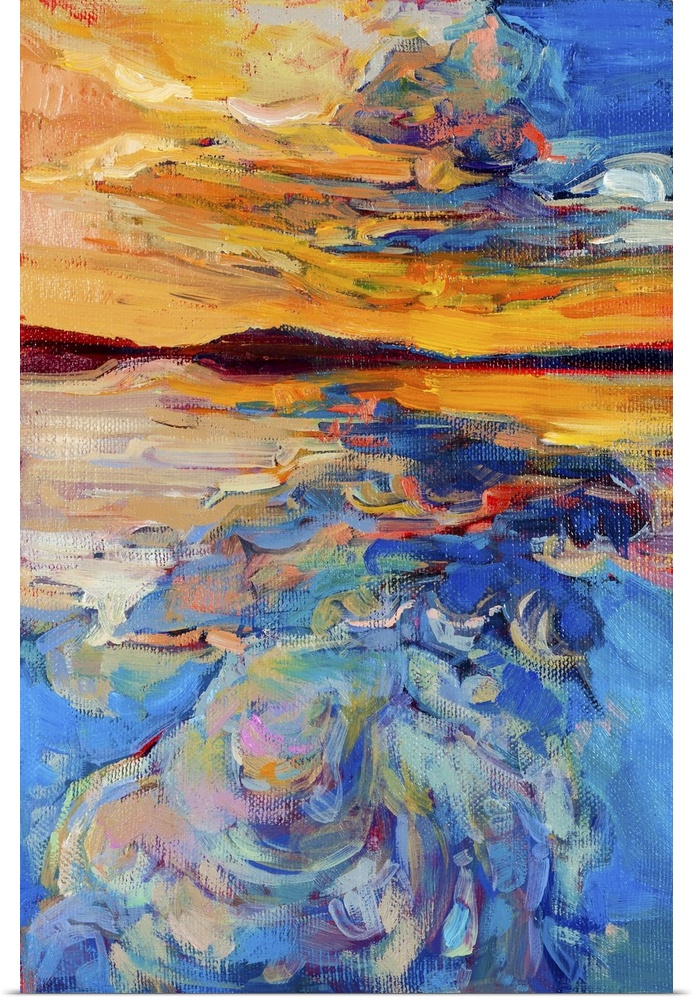 Originally an oil painting of sea and sky on canvas. Sunset over ocean. Modern impressionism.