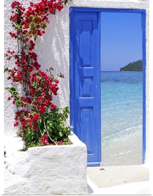 Traditional Greek Door With A Great View On Santorini Island, Greece