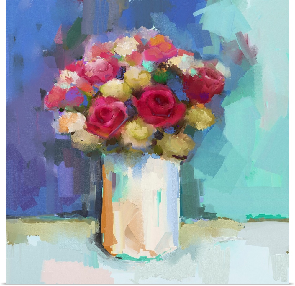 Vase with still life a bouquet of flowers. Originally an oil painting.