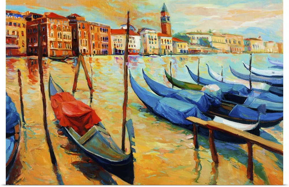 Originally an oil painting of beautiful Venice, Italy at sunset. Gondolas and houses. Modern impressionism.