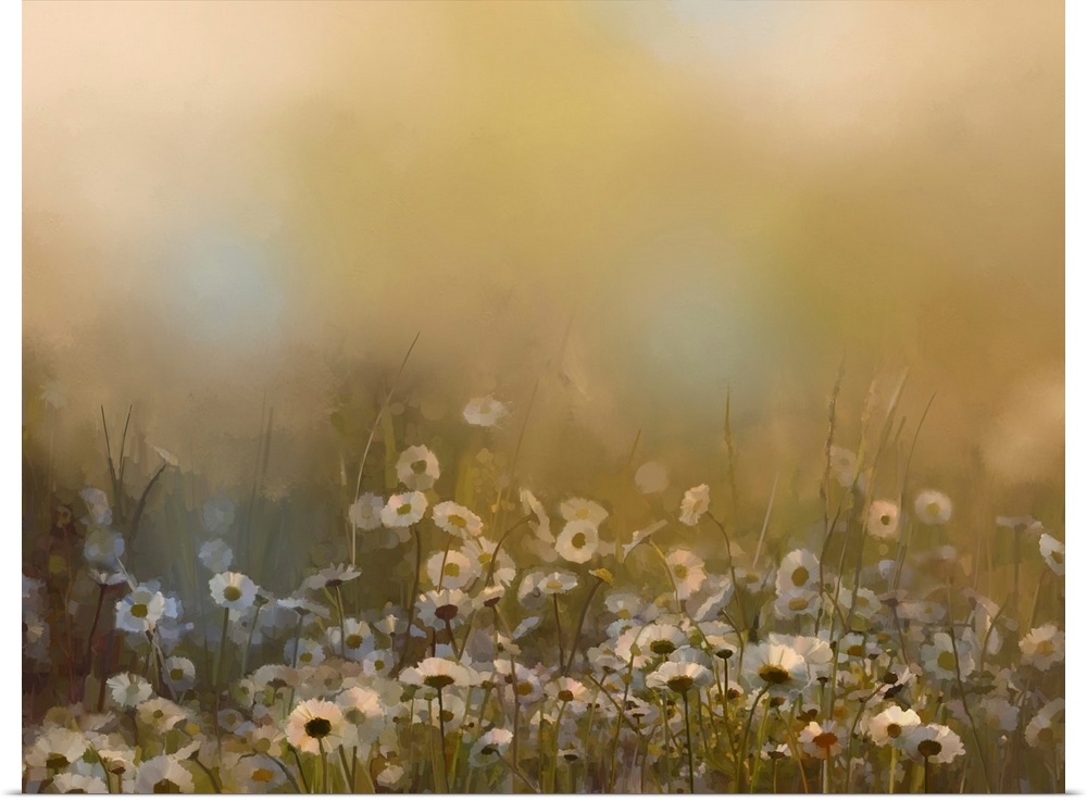 Vintage white daisy flowers in the meadows. Originally an abstract oil painting of a field of daisies at sunset in soft go...