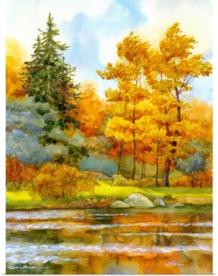 Watercolor Landscape, Autumnal Forest On The Lake