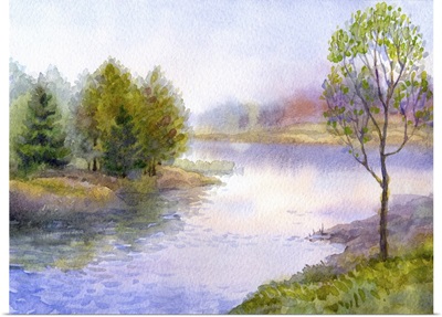 Watercolor Landscape, Tree On The Bank Of River
