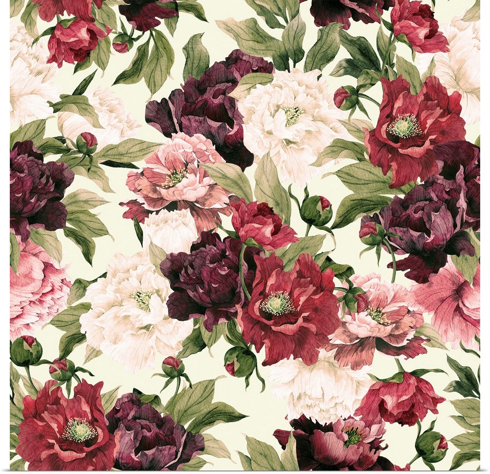 Seamless floral pattern with peonies flowers, watercolor background.