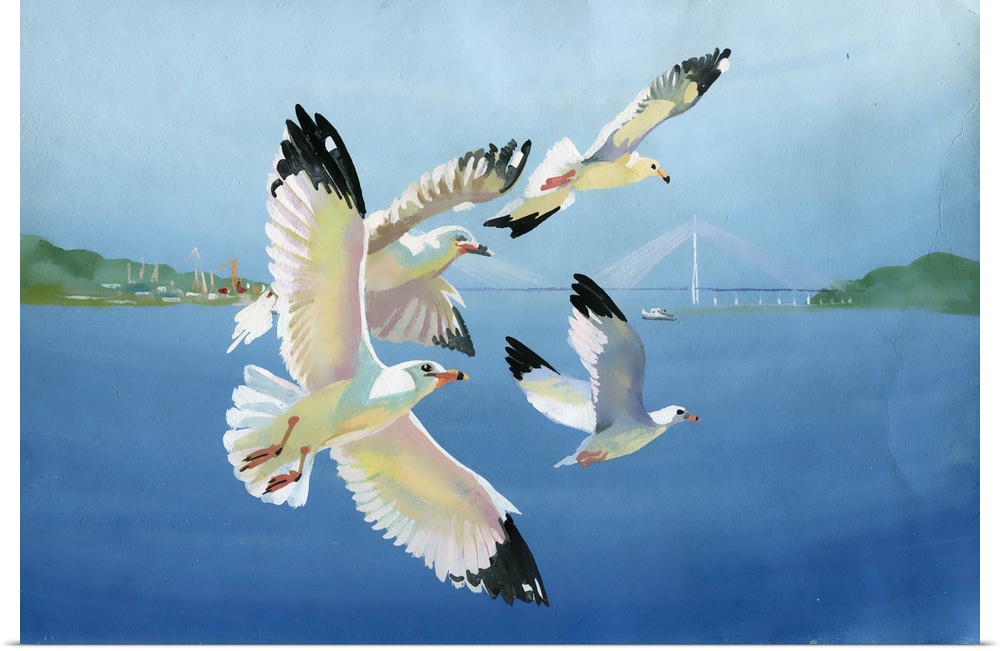 Originally a watercolor painting of seagulls in flight and seascape.