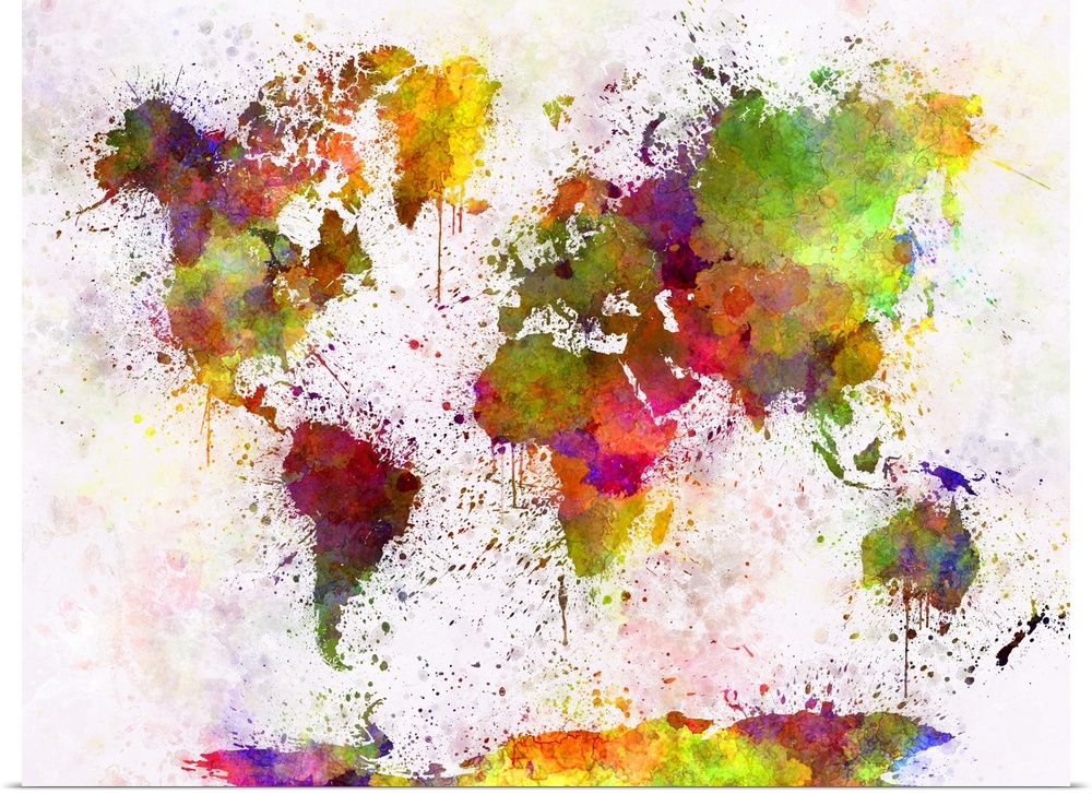 Originally a world map in watercolor painting abstract splatters.