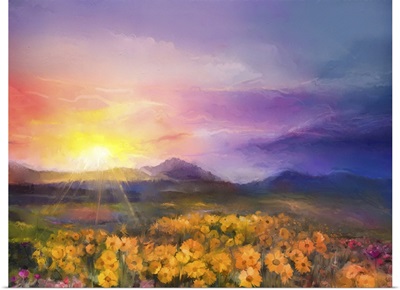 Yellow- Golden Daisy Flowers In Fields, Sunset Meadow Landscape With Hill And Sky