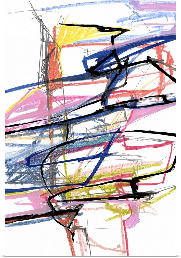 A contemporary abstract painting of wild colorful scribble lines against a white background.