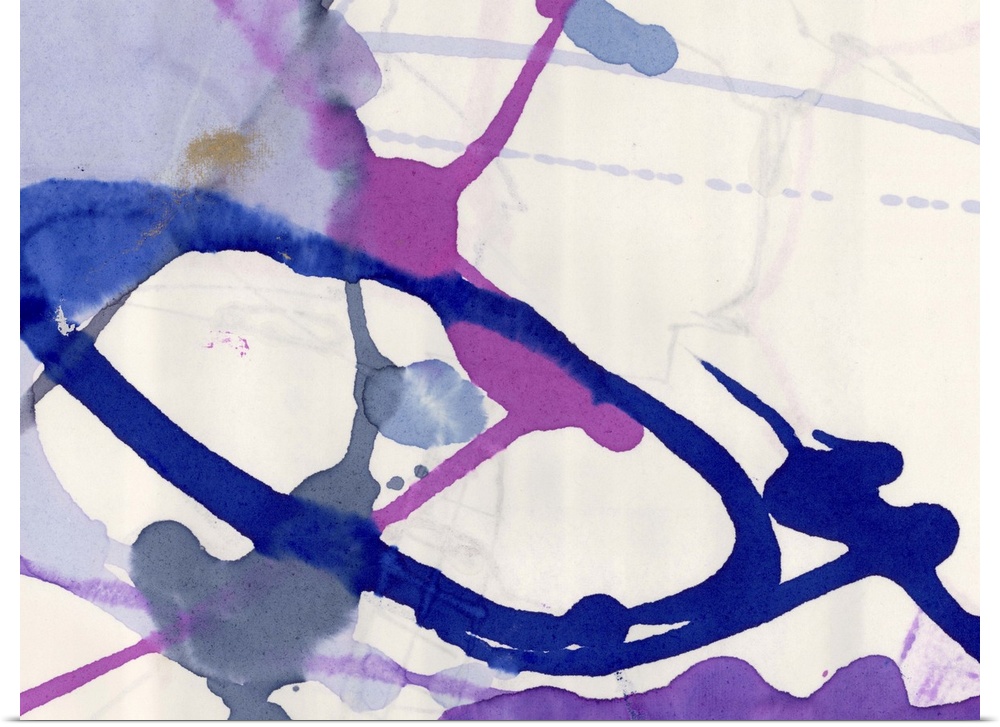 A contemporary abstract painting of purple, pink and lavender color paint thrown and splattered onto a cream toned surface.