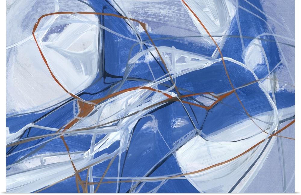 A contemporary abstract painting of various blue tones in bold movements making interlocking webs.