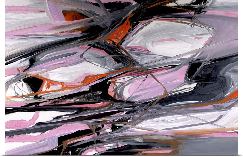 Contemporary abstract painting in contrasting shades of pink, orange, and black.