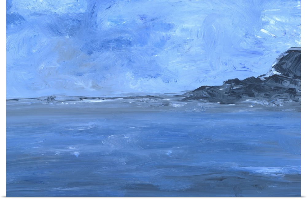 Contemporary seascape painting of a rocky coast stretching into the ocean under a blue sky.