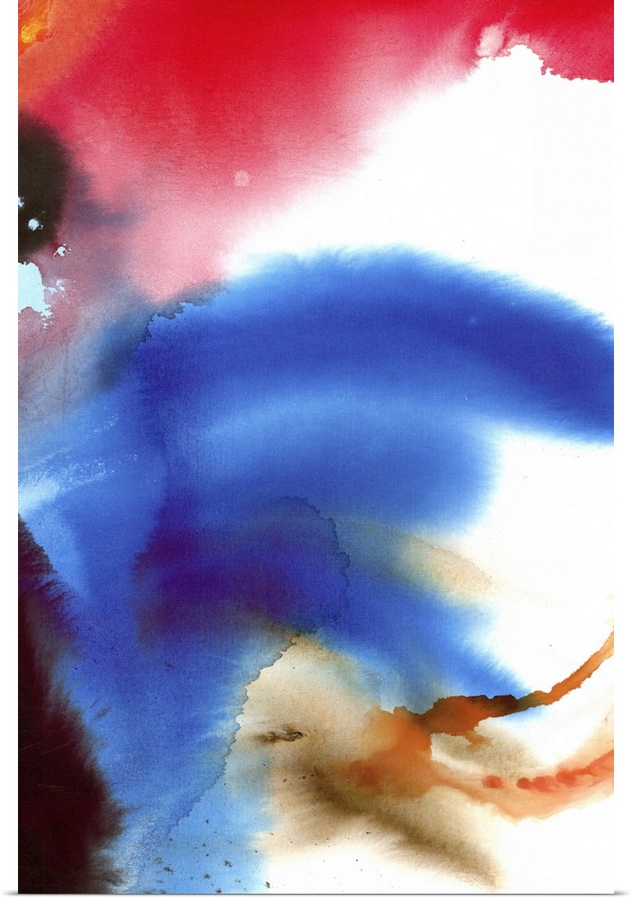 Contemporary abstract painting of soft washes of bright red and blue.