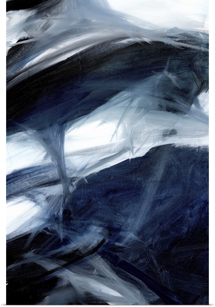 Contemporary abstract artwork in dark shades of grey and blue with small areas of white.