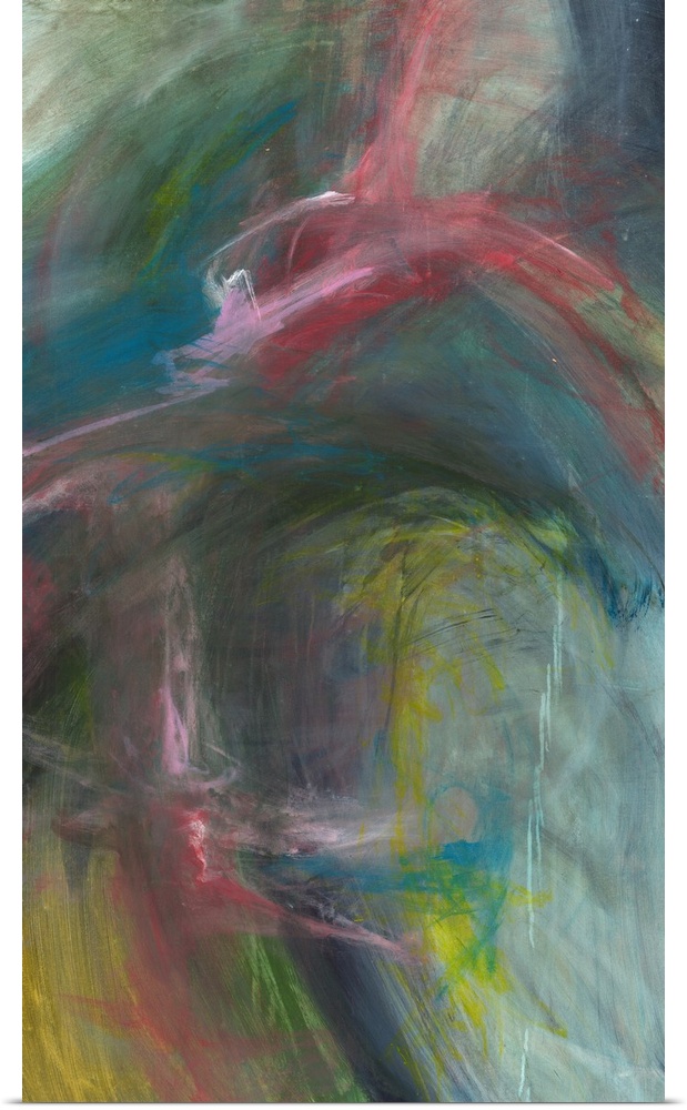 Large abstract art with dark and muted hues in shades of pink, yellow, blue, and green.