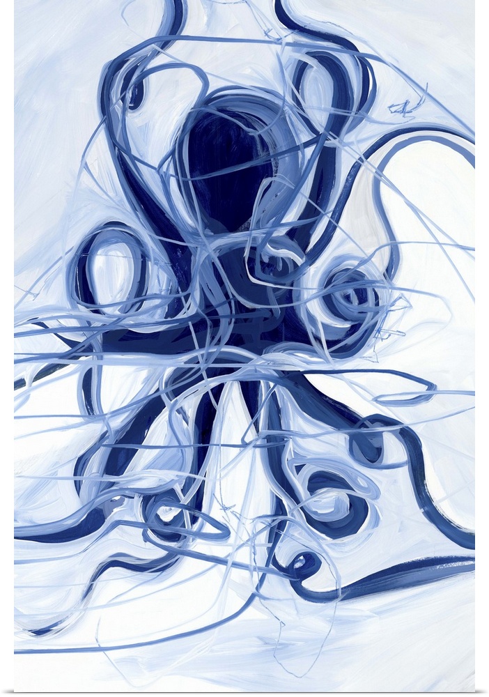 A contemporary abstract painting of a blue octopus with swirling tentacles and other swirling lines against a pale blue an...
