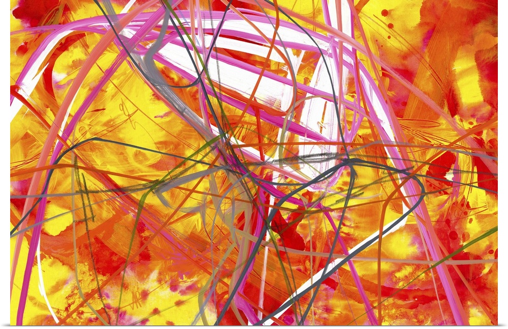 Contemporary abstract painting with wild lines of black and pink over vivid red and yellow tones.
