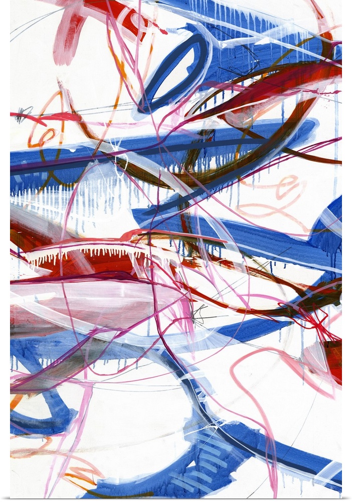 Large abstract painting with red, blue, pink, orange, black, and white lines varying in size and thickness moving all over...