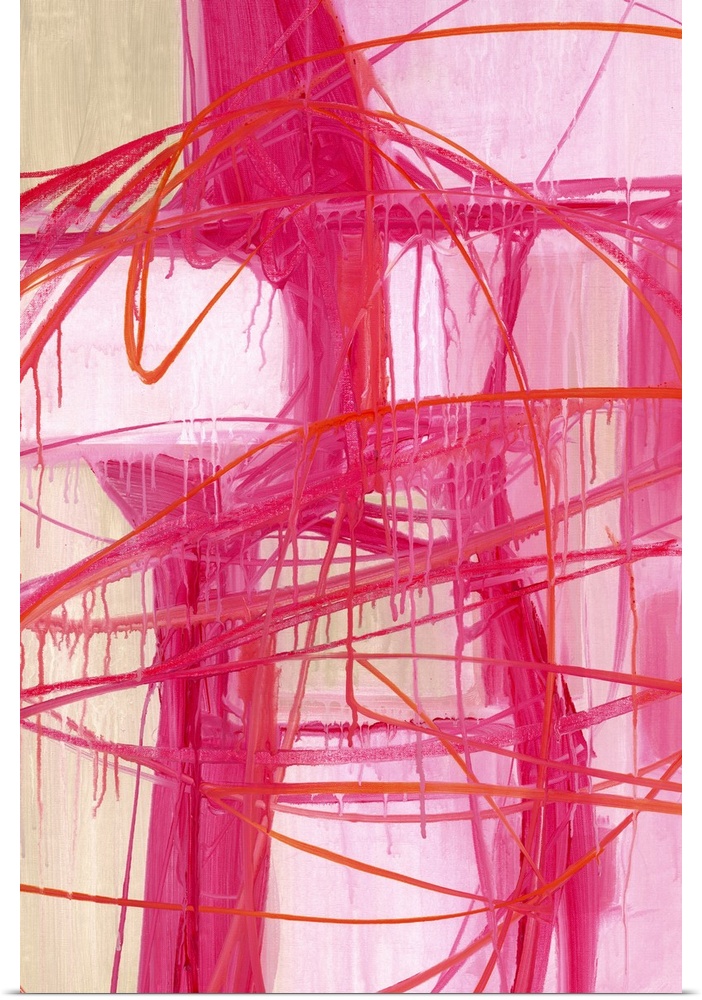 Contemporary abstract artwork in pink shades with broad strokes of paint with a dripping appearance.