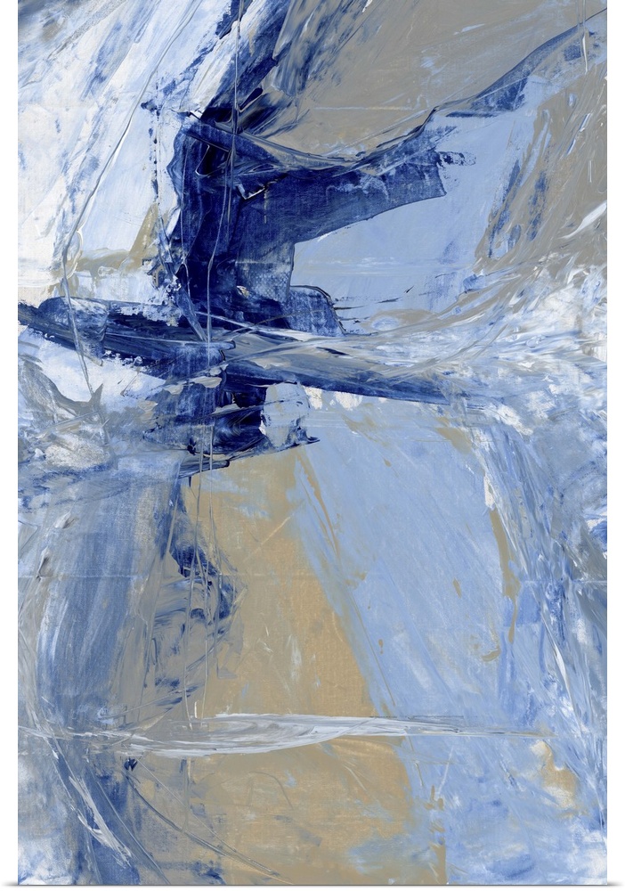 A contemporary abstract painting using various blue tones in aggressive strokes.
