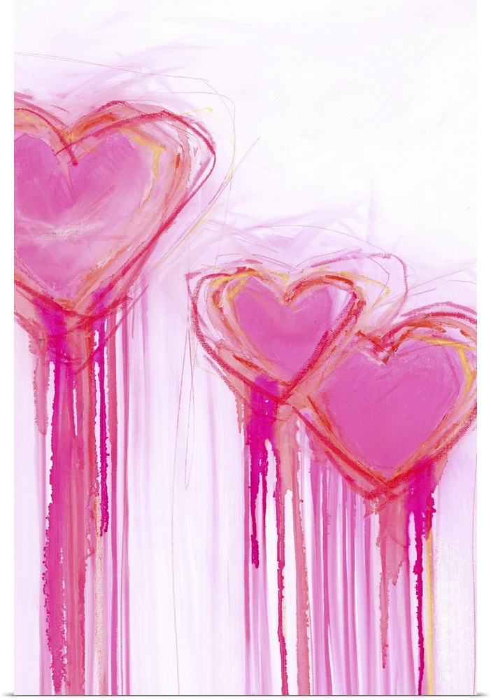 Contemporary painting of three bright pink heart shapes with long streaks of dripping paint.