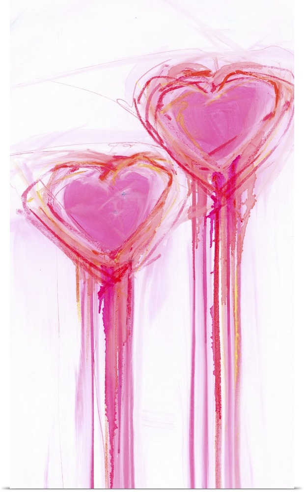 Contemporary painting of two bright pink heart shapes with long streaks of dripping paint.