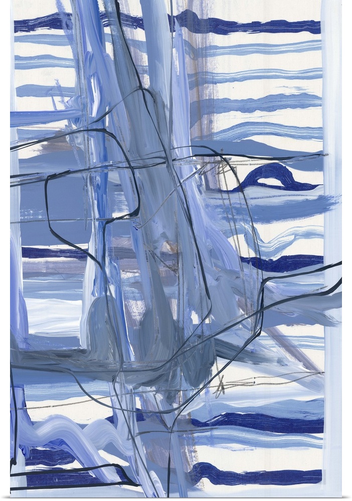 A contemporary abstract painting using blue tones and horizontal striped patterns.