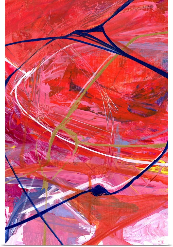 Contemporary abstract artwork in bright red tones with streaks of navy and white.