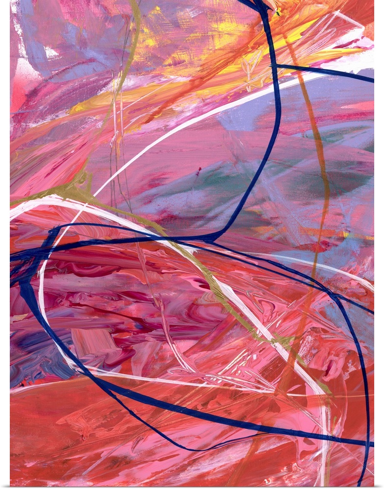 A contemporary abstract painting a fiery environment created from swirling red and purple tones.