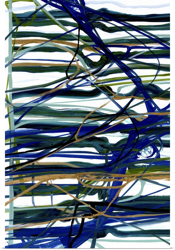 A contemporary abstract painting using dark blue tones in splattered and horizontal stroke patterns.