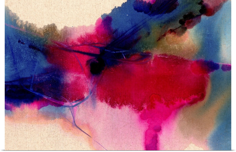 Contemporary abstract painting in dark blue and magenta tones that appear to seep through the image.