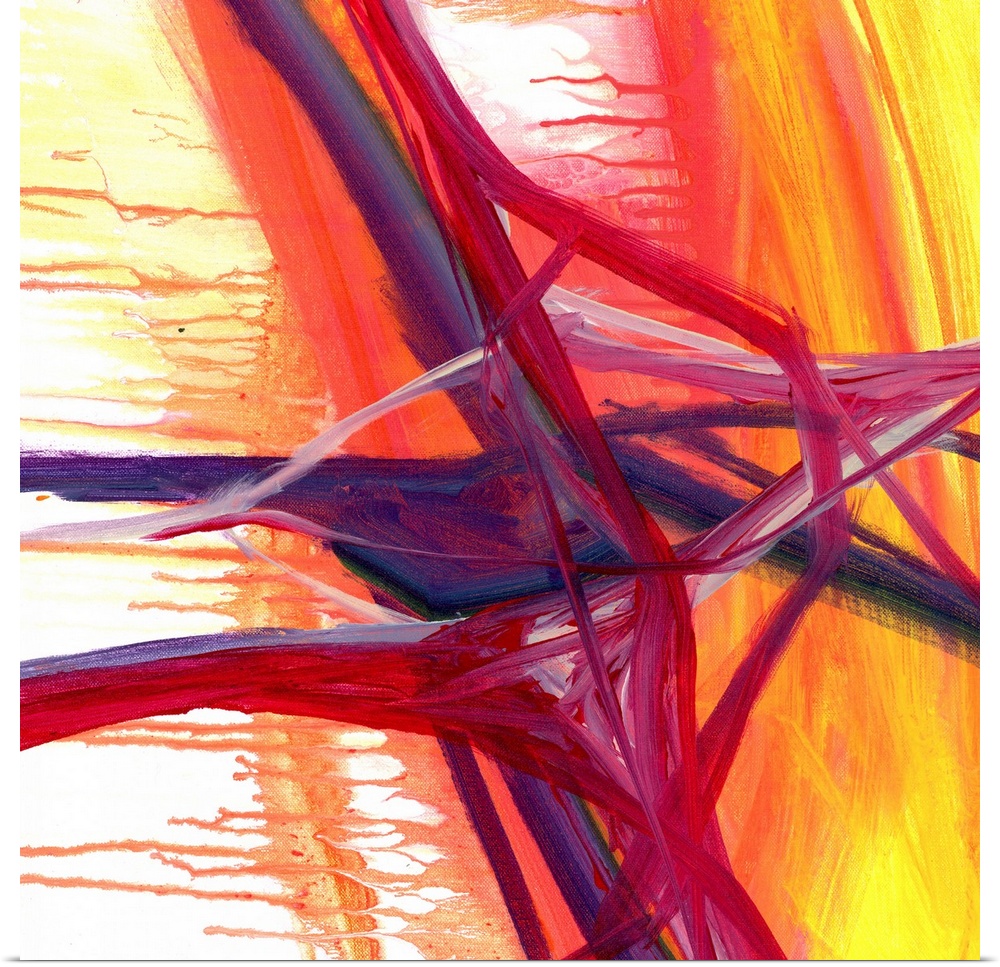 Contemporary painting in fiery shades of red, orange, and purple, with the appearance of dripping paint.