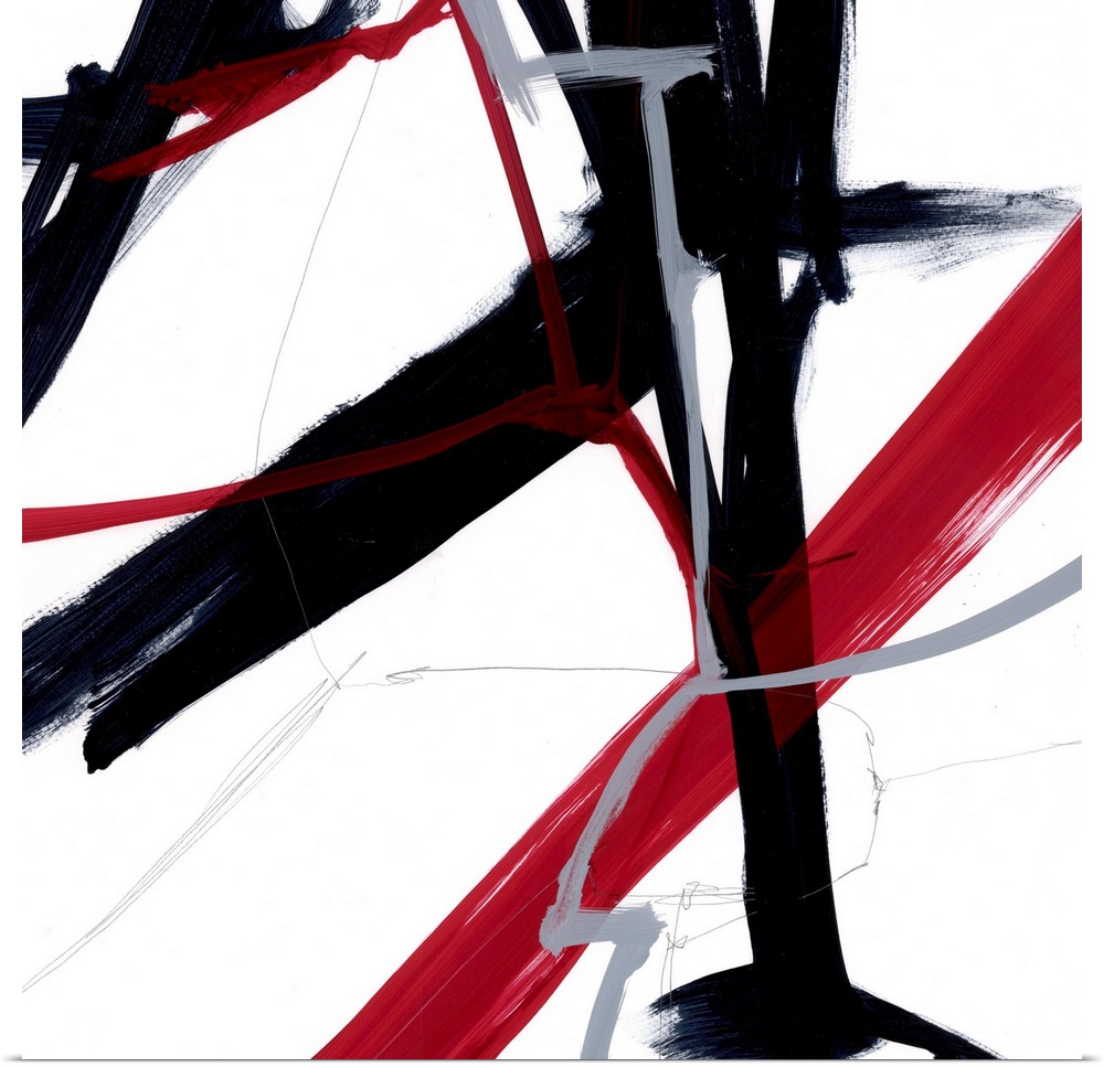 A contemporary abstract painting of bold slashes of red and black paint strokes against a white background.