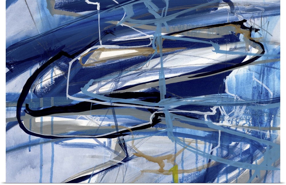A contemporary abstract painting of a web made up of blue tones.