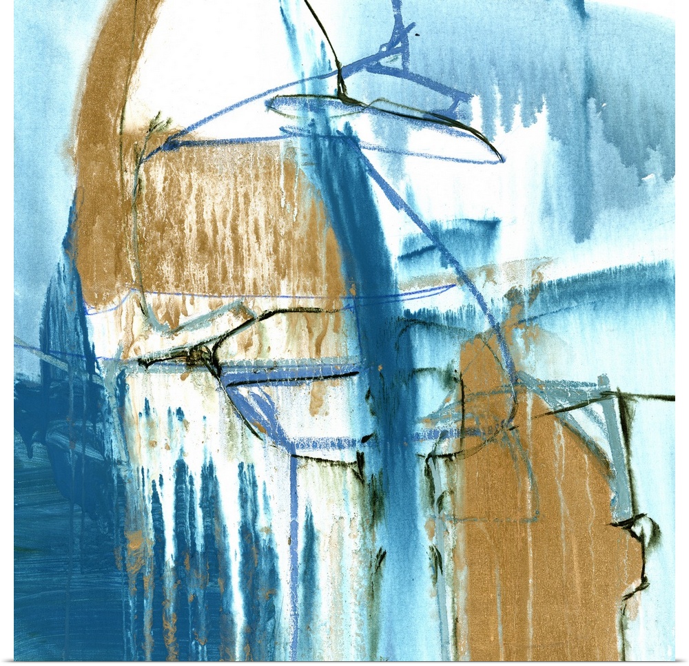 A contemporary abstract painting using turquoise and light brown in globular and dripping forms.