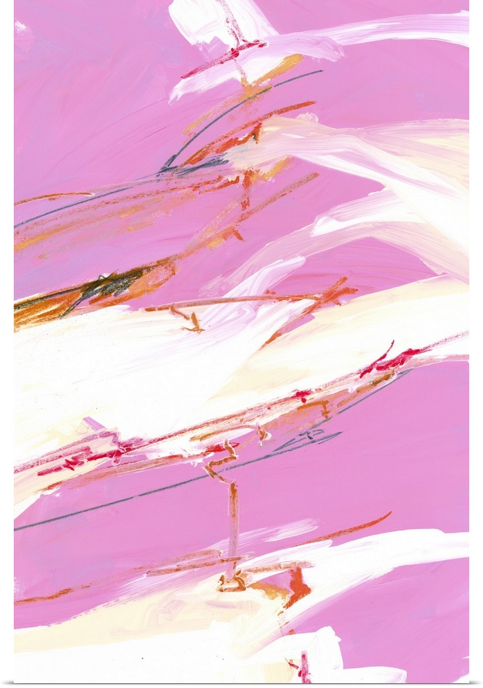 Contemporary abstract painting in vibrant pink and white tones.