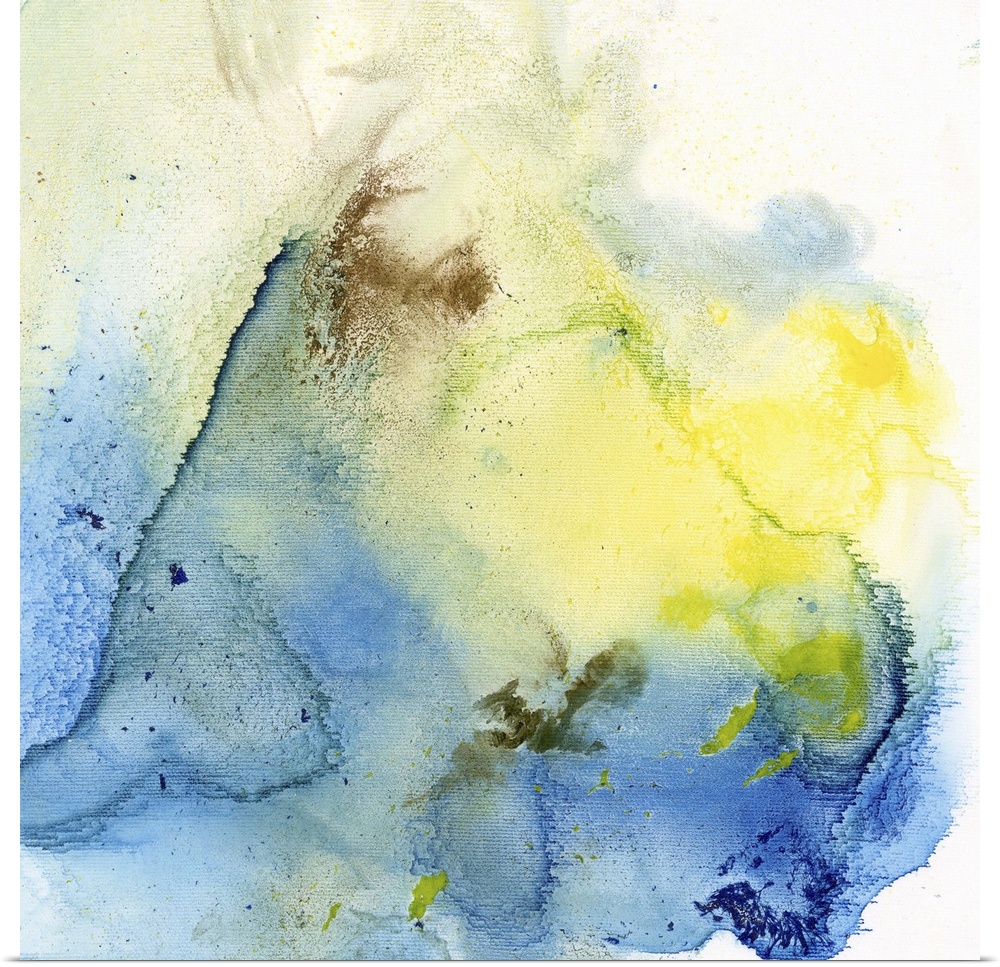 A contemporary abstract watercolor painting using a light blue wash with a splash of bright yellow against a white backgro...