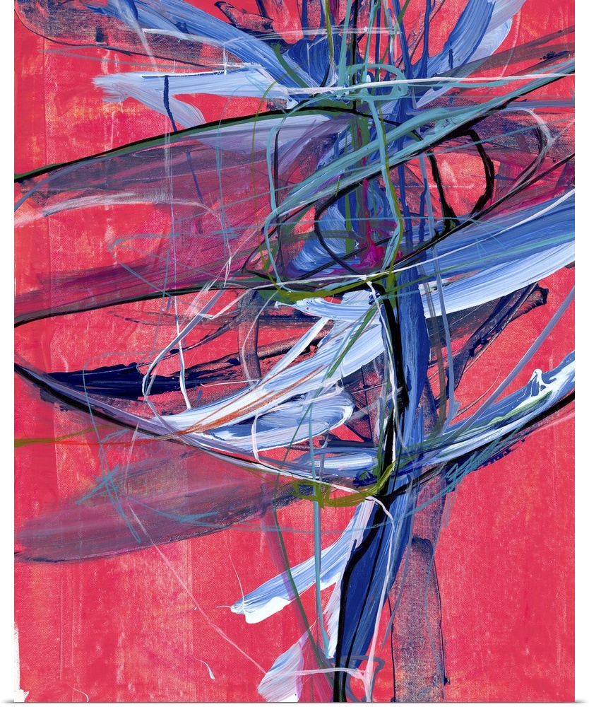 Contemporary abstract artwork of wild blue and black strokes of paint over light red.