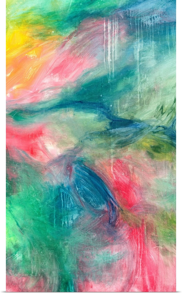 Large abstract painting with soft but bright tones of pink, blue, green, and yellow.