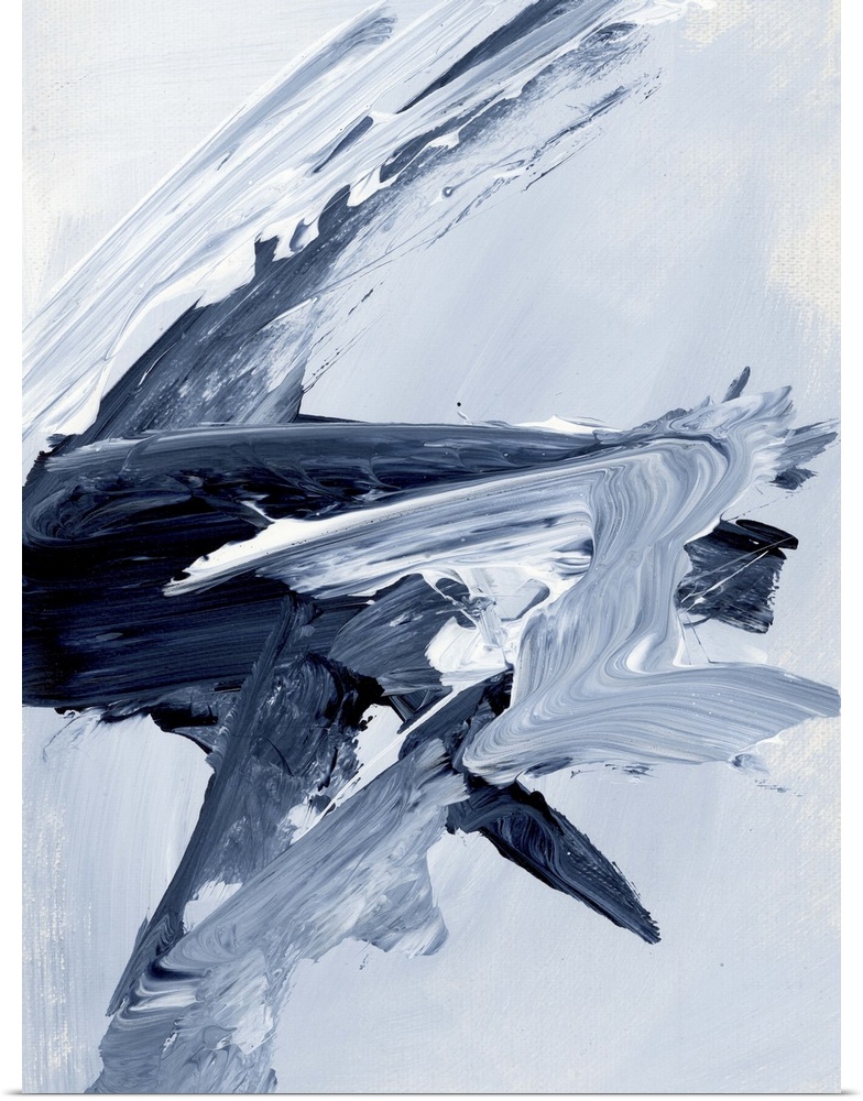 A contemporary abstract painting using a variety of dark and light blue tones in a fluid slashing movements.