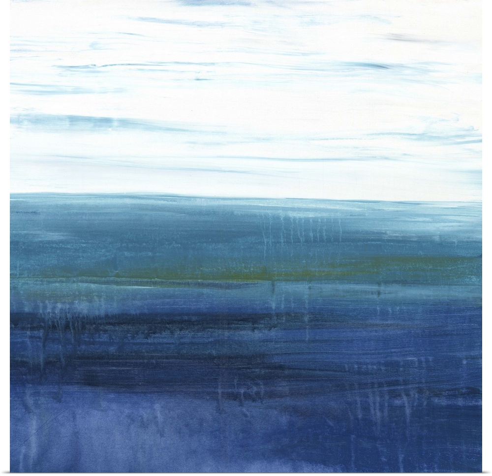A contemporary abstract painting using deep blue tone and green tones split in the middle of the image with icy white.