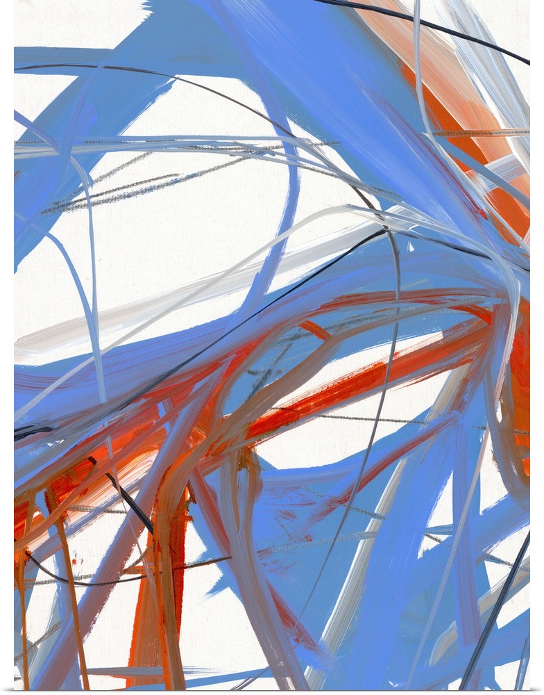 Contemporary abstract painting in strong strokes of blue and red over white.