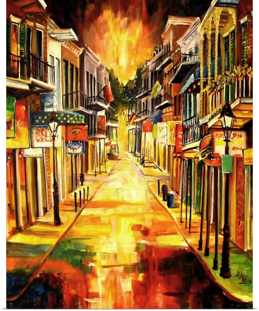 Bright contemporary painting of a lit up road in New Orleans, Louisiana, showcasing popular restaurants and shops with sec...