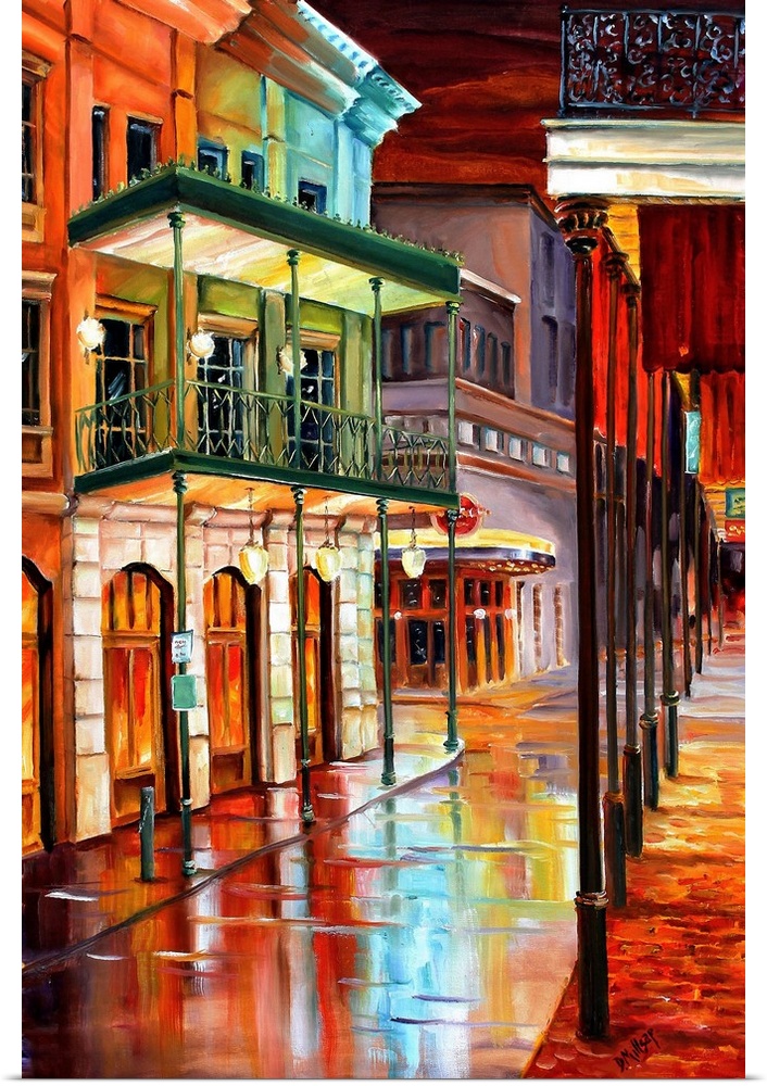 Contemporary artwork of Bourbon Street in New Orleans in the evening with colorful buildings and balconies.