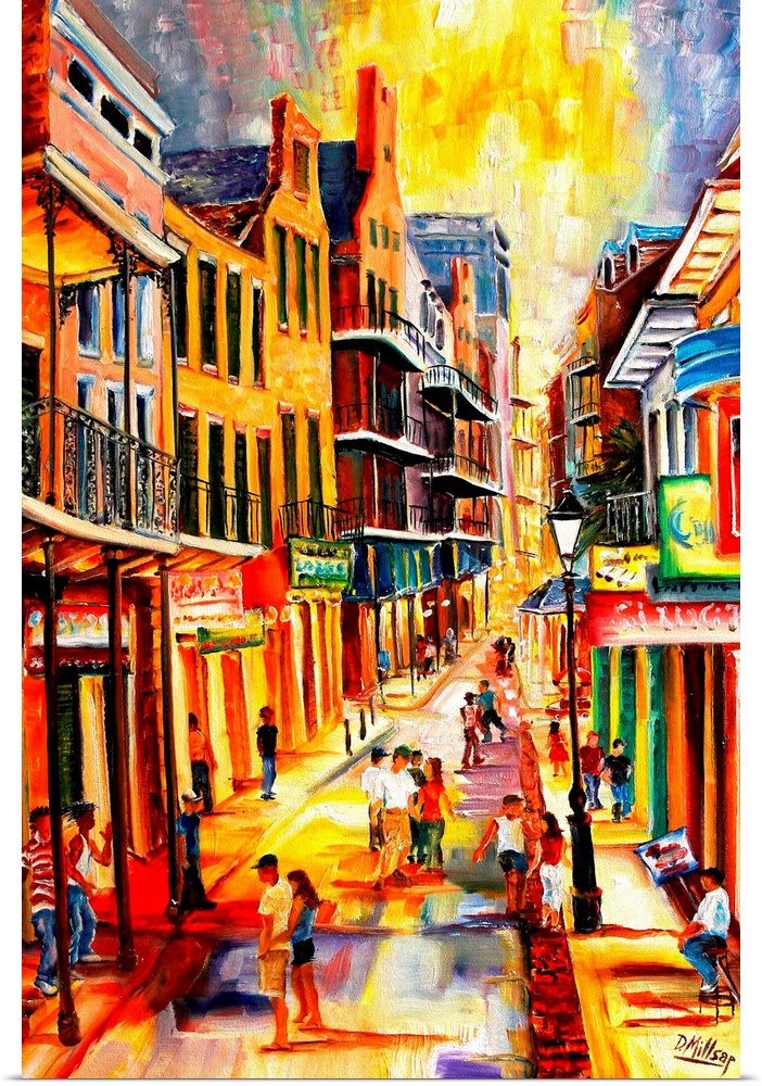 Giant, vertical, contemporary painting looking down a row of buildings on either side of Bourbon Street in New Orleans.  G...